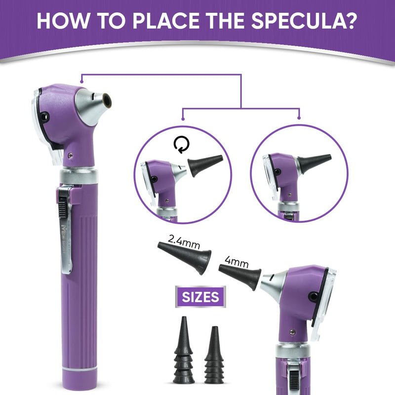 Otoscope with Light, Fibre Optic Ear Scope for Kids & Adults, 3X Zoom Magnifying Glass, LED Ear Infection Checker with 10 Disposable Specula, Nylon Case, 6 Colors Medical Grade(Purple Color) Purple