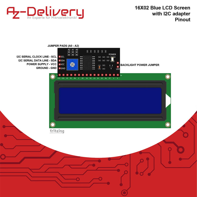 AZDelivery 3 x HD44780 16 x 2 LCD Module Display Bundle with I2C Interface 2 x 16 Characters Compatible with Arduino and Raspberry Pi Includes E-Book (with Blue Background and White Signs)