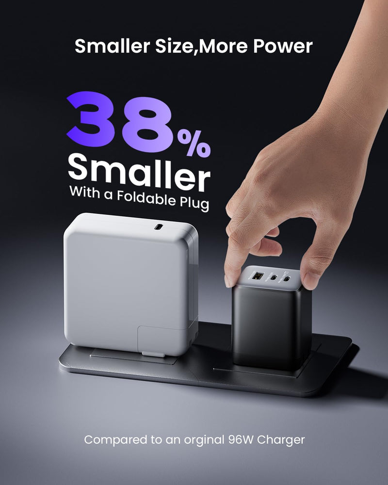 USB C Charger Block, 100W Fast GaN Charger, 3-Port Compact Foldable USB Wall Charger for MacBook Pro/Air, Dell XPS,iPad Pro,iPhone Series,Galaxy S24/S23, Note 20/10+