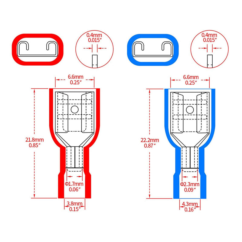 Quick Coupling Socket Vinyl Fully Insulated, 6.3 x 0.8 mm Cable Lug, Red for 0.5-1.5 mm² (22-16 AWG), Blue for 1.5-2.5 mm² (16-14 AWG), Pack of 120 Red-blue 120