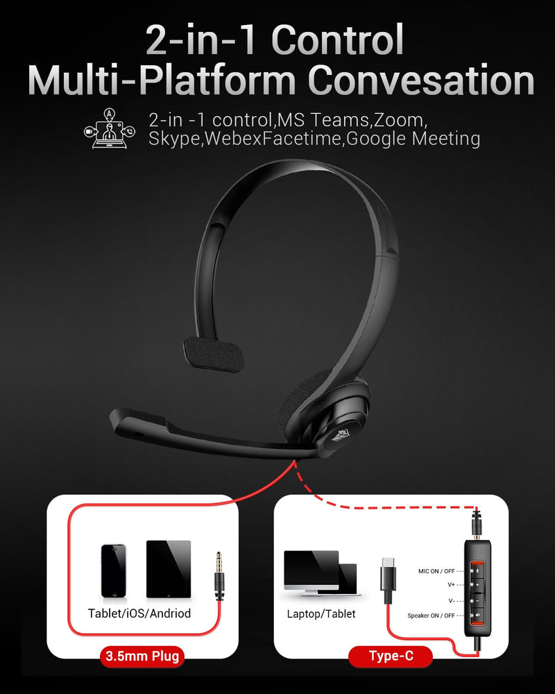 NUBWO HW02 USB Headset with Microphone Noise Cancelling &in-line Control, Ultra Comfort Computer Headset for Laptop pc, On-Ear Wired Office Call Center Headset for Boom Skype Webinars (USB C/3.5) Black 3.5+USB-C