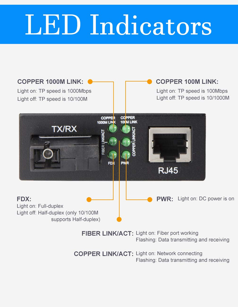 BiDi Gigabit Single Mode SC Media Converter, 10/100/1000M Fiber to Ethernet Converter, 1000Base-FX Single SC to 10/100/1000Base-T/TX RJ45, Built-in Fiber Module, SMF, 1310/1550nm, 20km, 1 Pair X1 Bidi,SMF,SC,20km