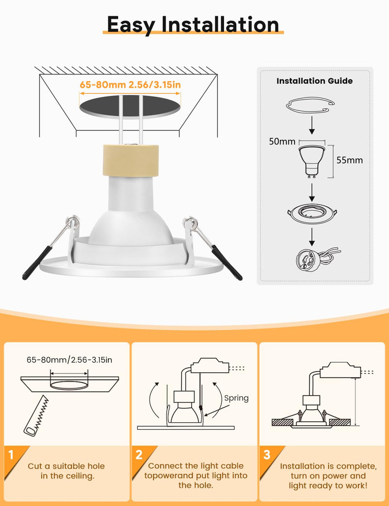 LED recessed spotlight GU10 set, (incl. GU10 socket), LED spots 230V, hole diameter 68mm, installation frame in round, white matt, 30° swivel, recessed spots made of metal, for recessed lighting (10 pieces) white