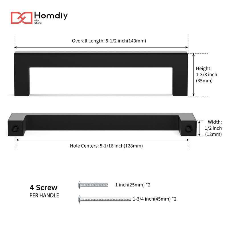homdiy 10 Pack Black Cabinet Handles 5-1/16 Inch(128 mm) Hole Centers Matte Black Cabinet Pulls Stainless Steel Drawer Dresser Handles Square Bar Hardware Drawer Pulls Stainless Steel Dresser Hardware 5-1/16 Inch Hole Centers