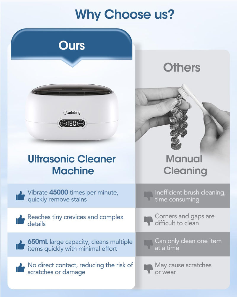 Adiding Jewelry Cleaning Machine, 650mL (23oz) Ring Sonic Cleaner Machine for Glasses, Earring, Denture, Retainer, Watch Straps, Razor -5 Cleaning Modes, Digital Timer, SUS304 Stainless Steel Brown