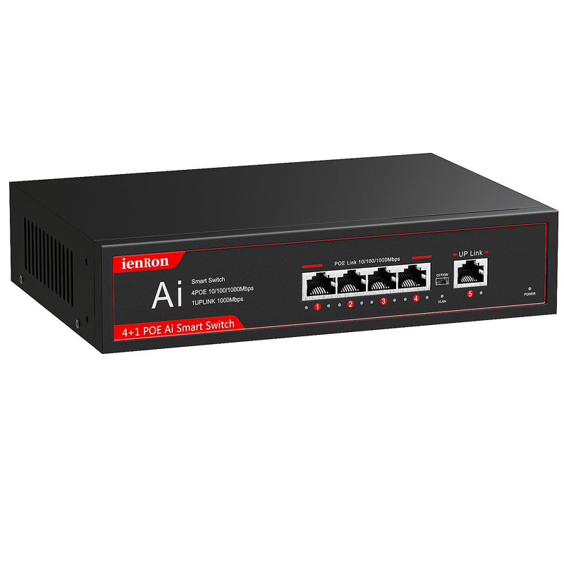 5 Ports PoE Gigabit Switch, 4-Port PoE Switches with 1 Uplink 1000Mbps Port, IEEE 802.3af, Plug and Play, VLAN Mode Unmanaged Ethernet Splitter Network in Metal Case, Wall Mount,Red / Black 5 Ports丨4 PoE+1 Uplink