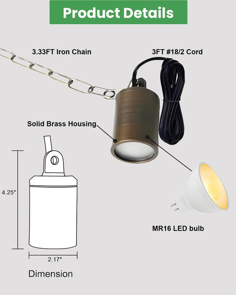 Low Voltage Brass Hanging Light Outdoor, 12V Landscape Pendant Tree Light, Replaceable GU5.3 MR16 LED Bulb, Soft Warm White 2700K, IP67 Waterproof Design for Garden Yard Gazebo Pergola 1-Pack