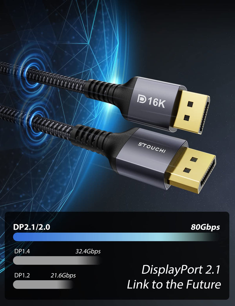 Stouchi DisplayPort Cable 2.1, 16K 3.3FT/1M DisplayPort Cable 80Gbps 16K@60Hz, 10K@60Hz, 8K@60Hz HBR3 4K@60Hz/144Hz 5K@60Hz 1080P@240Hz Support FreeSync G-Sync HDR10 for Gaming Monitor Graphics Card 3.3 FT 16K-Grey 1