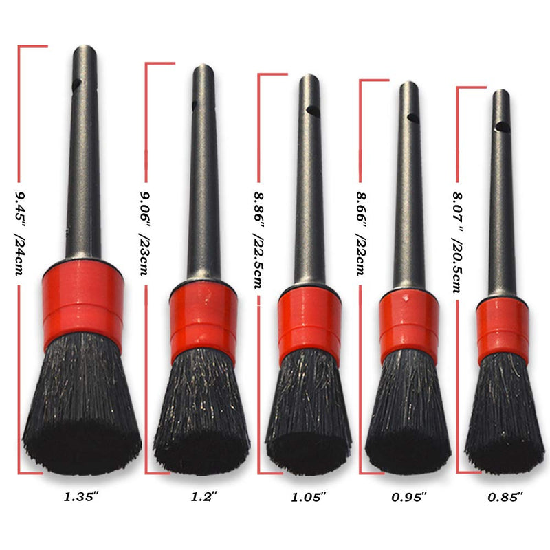 Detailing Brush Set -5 Different Sizes Premium Natural Boar Hair Mixed Fiber Plastic Handle Automotive Detail Brushes for Cleaning Wheels, Engine, Interior, Air Vents, Car, Motorcy Red