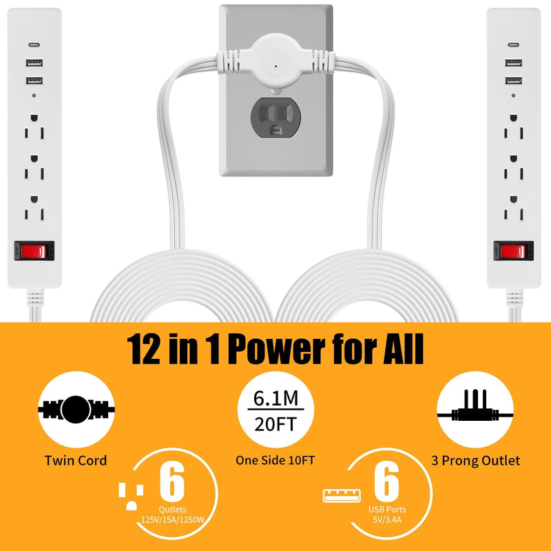 Twin Extension Cord - 20 FT Split Extension Cord, 6 Outlets and 6 USB Ports - Double Power Strip, 3 Prong and Flat Plug, for Behind Bed, Couch, Nightstands, Vanity, Furniture dual 10ft