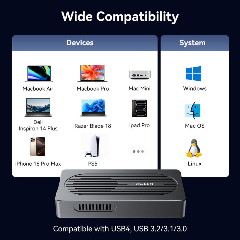 AGEEN 40Gbps M.2 NVMe SSD Enclosure for Thunderbolt 4 USB4 - External NVMe Enclosure with Cooling Fan, Dual Chip JHL7440, Tool-Free Installation