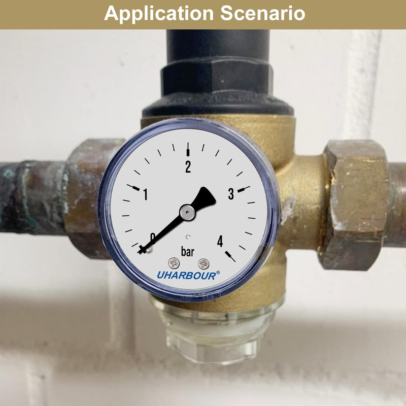 UHARBOUR pressure gauge water 0-4 bar, pressure gauge 1/4 inch, pressure gauge compressed air holder on the back, compressed air pressure gauge 1/4 BSP brass connection