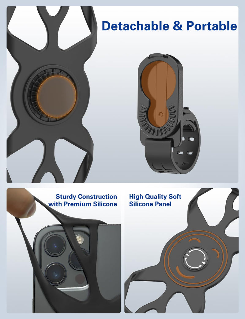 Bike Phone Holder, Motorcycle Phone Mount Cell Phone Mount- 360° Rotatable, Silicone Bicycle Phone Mount for Motorcycle Bicycle Scooter, for 15 Pro Max / 14/13, S10 and More 4.7-6.8" Phone Black