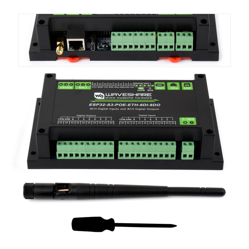 Waveshare Industrial ESP32-S3 Control Board with 8-Channel Digital Input & Output, Built-in Xtensa 32-bit LX7 Dual-core Processor, Up to 240MHz, with Multiple Isolation Protection Circuits