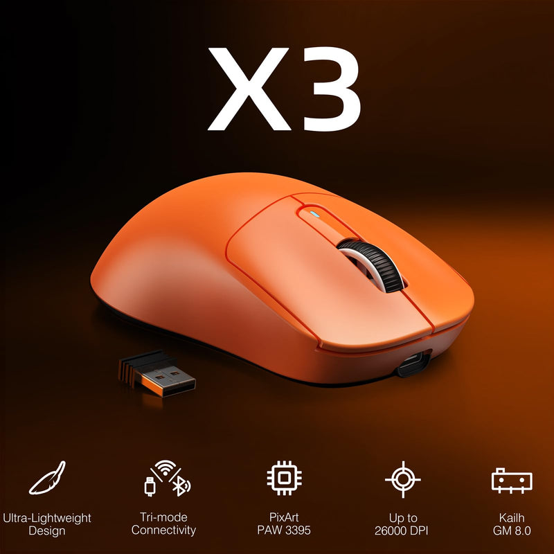 ATTACK SHARK X3 Wireless Gaming Mouse, 49g Ergonomic Computer Mouse, Triple Modes PAW3395 26K DPI Optical Sensor, 200h Battery Life, Programmable Buttons, Gaming Accessories for PC/Laptop/Mac(Orange) Orange
