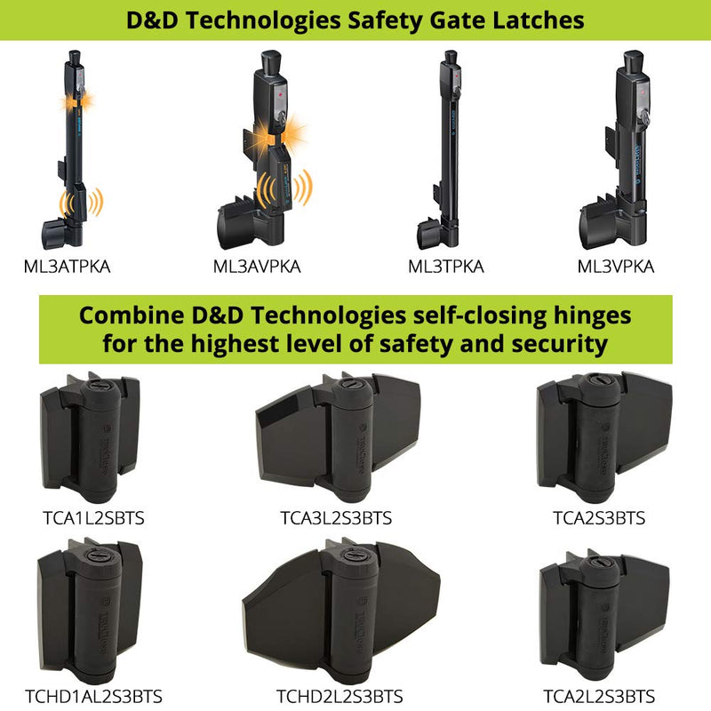 D&D Technologies TCHD2S3BTS TruClose Heavy Duty Gate Hinges, for Self Closing Wood or Vinyl Gates up to 154 Pounds, with No Alignment Legs, for Square Gate Frame and Post, Black, 2 Count Adjustable gate gap: 3/8”–7/8” gate frame to post