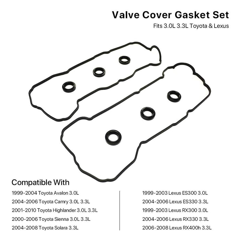 Valve Cover Gasket Set - Compatible with 3.0L 3.3L Toyota Camry, Avalon, Sienna, Highlander, Solara, Lexus ES300, ES330, RX300, RX330, RX400h - Replace VS50588R, VS50515R, 11214-0A010, 11213-0A010