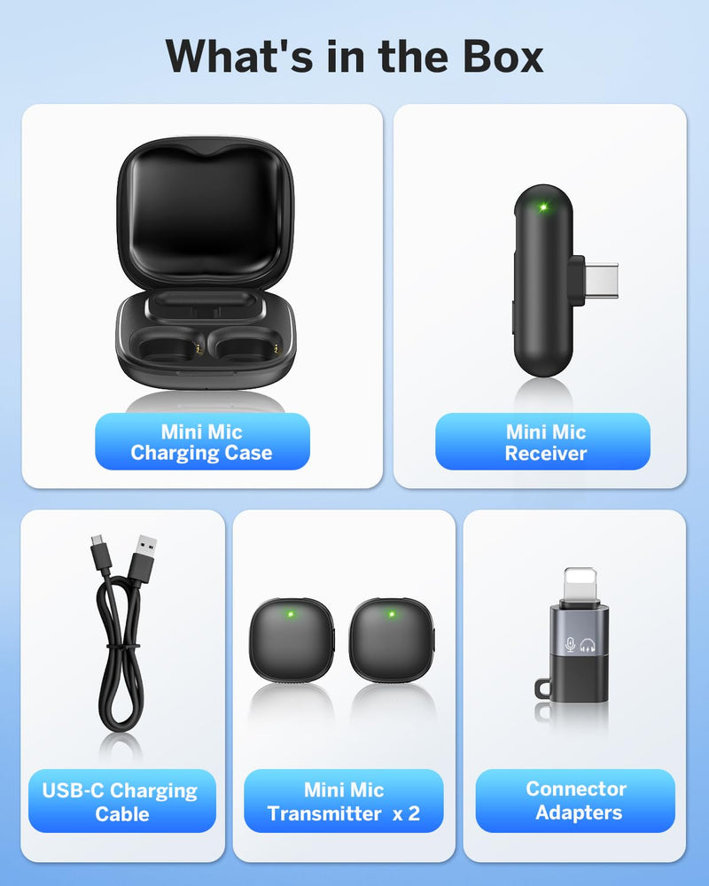 Mini Wireless Lavalier Microphone for iPhone/Android/PC/Tablets, Lapel Mics with USB-C/Lightning Plug, AI Noise Cancelling, Magnetic Mic, 40H Battery Life with Charging Case for Stream, Vlog, TikTok All iPhones & Androids (USB-C + Lightning) Black