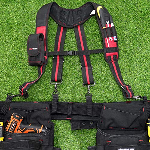 MELOTOUGH Tool Belt Suspenders Construction Work Suspenders with detachable phone holder,Work Knee Pads for Men Women Construction, Flooring, Roofing - Comfortable and Non Slip(Red & Orange)