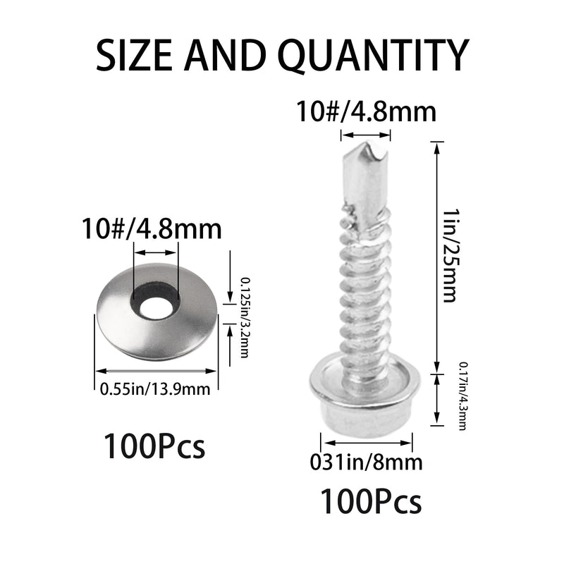 100Pcs #10x1'' Self Drilling Screws with Rubber Washer, 410 Stainless Steel Roofing Screws Hex Head Self Tapping Screws with EPDM Washer (Pack of 2) #10x1" (Pack of 2)