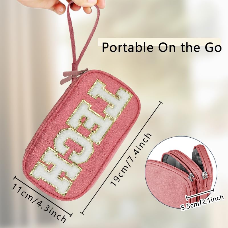 Electronic Accessories Organizer Bag Cable Cord Charger Carrying Pouch with Preppy Chenille Letter Patch TECH, Business Travel Gadget Small Storage Case Essential for Women Teen Girl (Pink) Pink