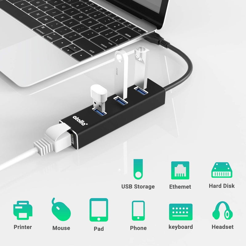 USB 3.0 Hub with Gigabit Ethernet — 3-Port SuperSpeed USB-A Hub + USB-C Adapter, 5Gbps Data Transfer, Plug-&-Play, Aluminum Design — Compatible with MacBook Pro/Air, Dell XPS, Surface, Chromebook