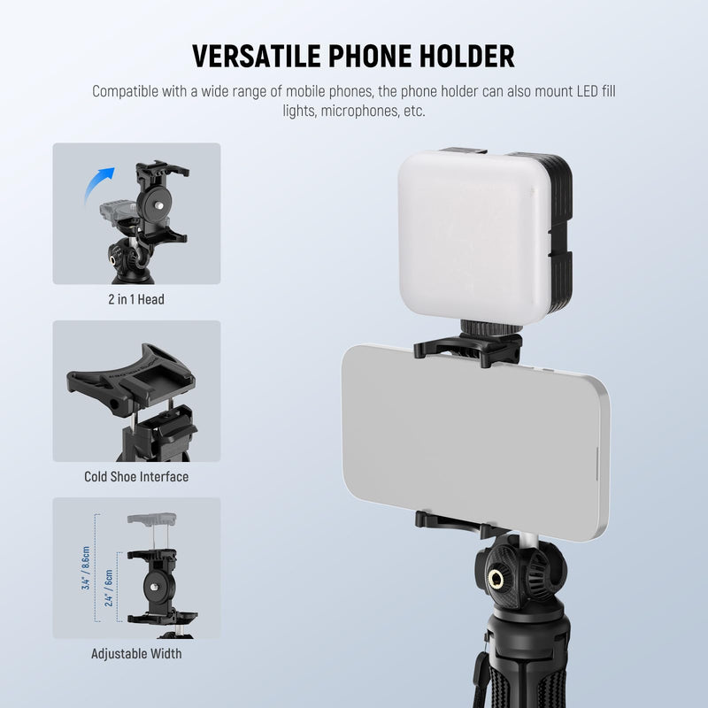 NEEWER TP38 Phone Camera Tripod, 15" Extendable Selfie Stick Metal Tripod Stand with Phone Holder, Action Camera Adapter Compatible with Hero 12 11 10 9, 360° Ball Head Travel Tripod for Vlogging