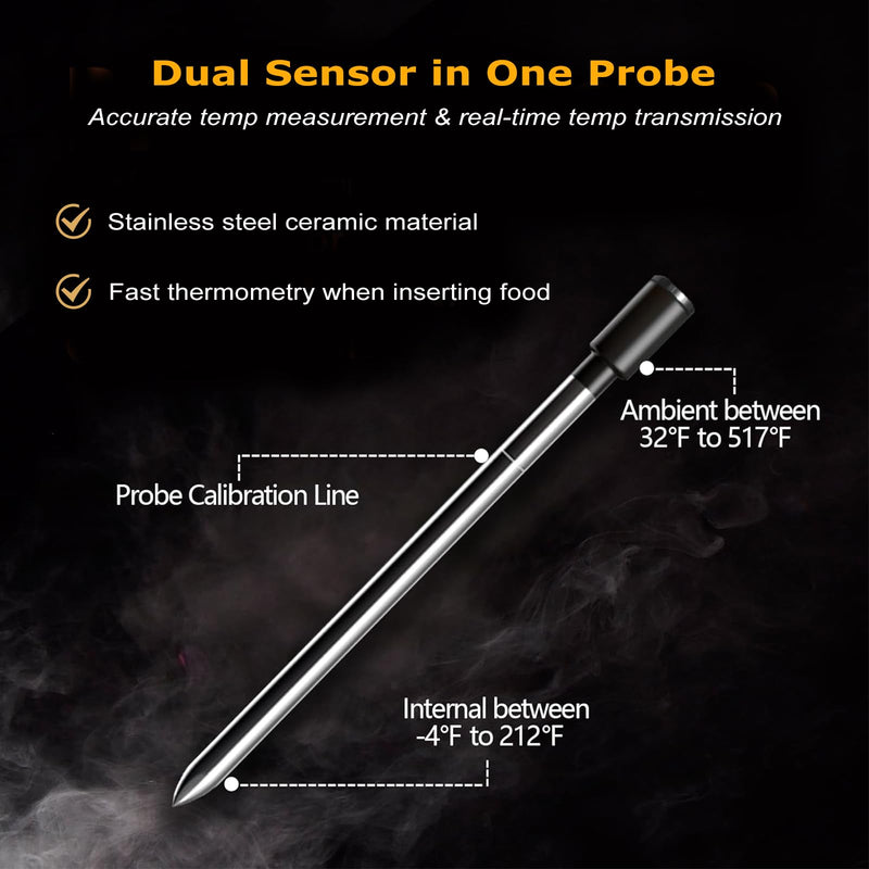 Wireless Meat Thermometer with Instant Read - 300FT Remote Digital Food Thermometer with Stainless Probe for Cooking, Grill, Oven, Smoker - Dual Sensor, Waterproof, Up to 120H Battery Power