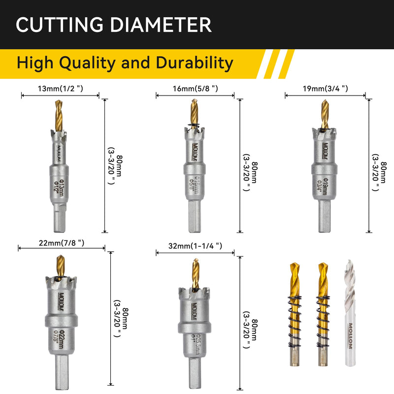 Mollom 5Pcs Hole Saw(13-25.5mm) TCT Carbide Tipped Hole Saw Kit for Hard Metal, Extra 2xTitanium & 1xStepped Pilot Drill bits and 2Pcs Hex Key for Stainless Steel, Iron,Aluminum,Alloy,Metal 13-25.5mm 5