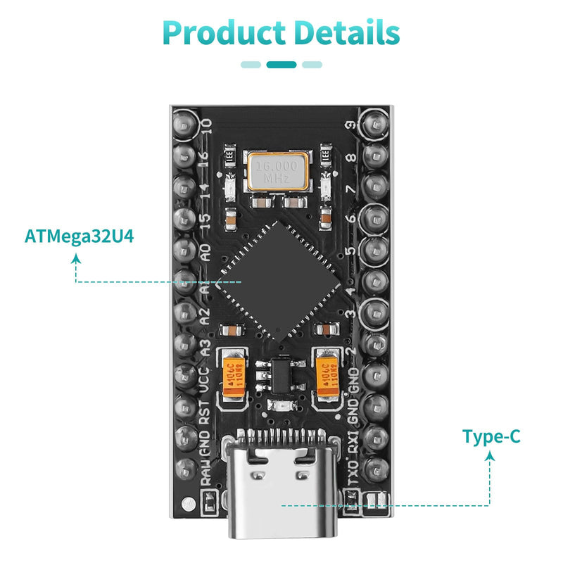 5pcs Pre-Soldered Pro Micro ATmega32U4 5V 16MHz Development Board Microcontroller USB C Interface Compatible with Arduino IDE 5