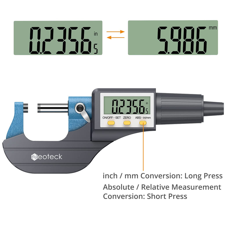 Neoteck Digital Micrometer Micro Caliper Outside Micrometer Electronic 0-25 mm with LCD Display Micrometer 0.001 mm / 0.00005 "