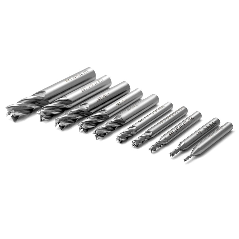 QWORK® 2-12 mm End Mill with 4 Flutes Drill Bits Cutter Metal Cutter Drill Bits Sets for Wood, Aluminum, Steel, Titanium, CNC Milling, 10 Pieces 2, 3, 4, 5, 6, 7, 8, 9, 10, 12 mm
