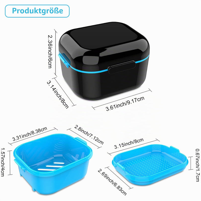BVN Braces Box & Teeth Cleaner Set - Storage Box for Dental Splint, Prosthesis & Bit, Includes Cleaning Tablets, Denture Container, Travel-Friendly, Black Black Blue