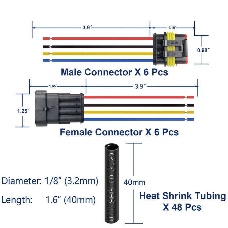 16 Awg 4 Pin Connector Waterproof Wire Connector 4 Pin Automotive Electrical Connector Quick Break Wire Connector with 16 Gauge Wire and Heat Shrink Tube Kit (6 Kits) 4 Pin Wire Harness 6Sets