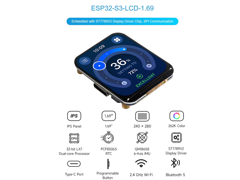waveshare ESP32-S3 1.69inch LCD Display Development Board,240×280 Pixels 262K Color Micro LCD Display with ESP32-S3,Accelerometer and Gyroscope Sensor