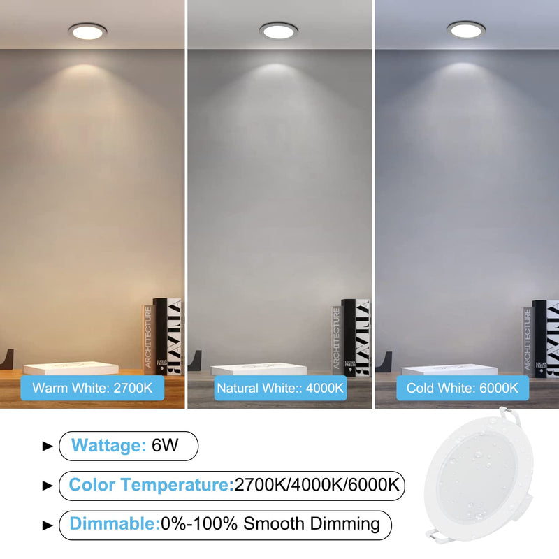 Gr4tec LED recessed spotlight 230V dimmable, 6 x 6W LED spot bathroom IP65, ceiling spots LED warm white 2700K 400LM, recessed lights 35mm ultra flat, ceiling spotlight LED for living room kitchen, hole 68mm-80mm warm white 2700k / white