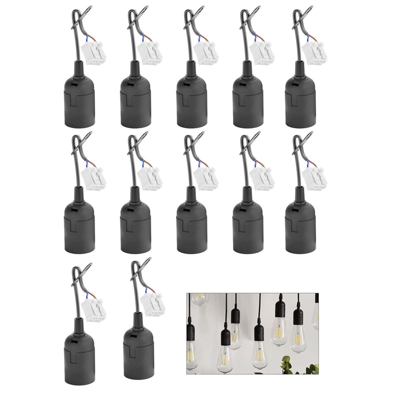 Pack of 12 E27 Construction Sockets Black with Quick Connector and Strain Relief, Construction Socket with Bulb, Lamp Holder E27 for Construction Sites, DIY Projects, and Temporary Lighting