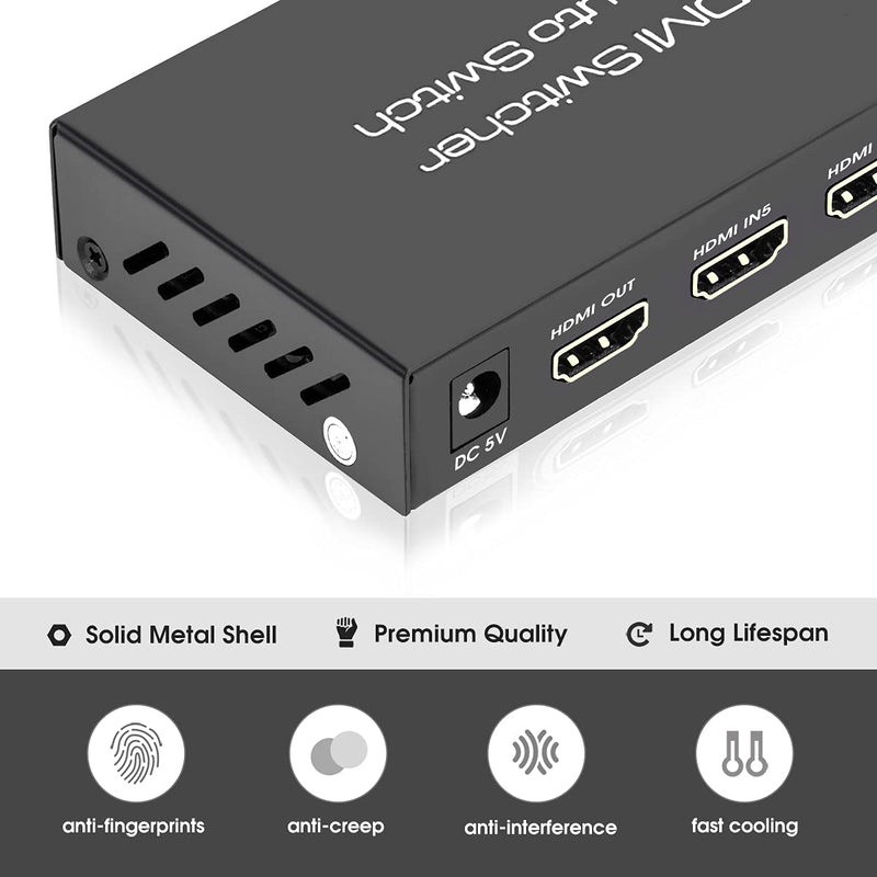 ROOFULL 5 Port 4K HDMI Switch with Remote 5 in 1 Out 4K@60Hz HDMI 2.0 Video Switcher Selector, Dolby Vision/Atmos Auto-Switching HDCP 2.2 HDR 10 CEC 18Gbps for PS5/4Pro Xbox Apple TV Black