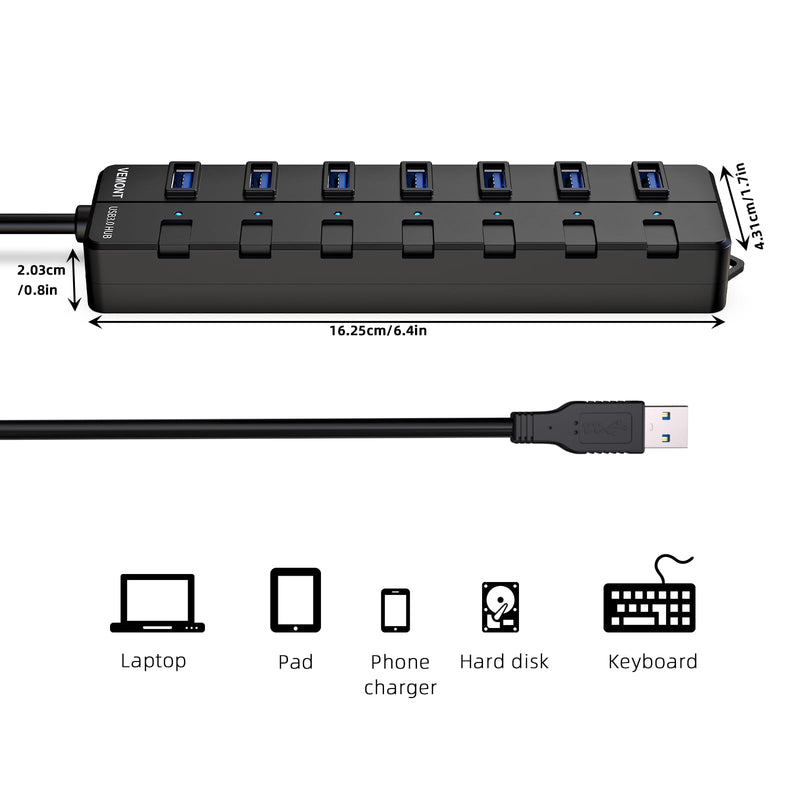 VEMONT 7-Port USB 3.0 Hub (Equipped with a 4-Foot Data Cable, Individual Switch, and Indicator Light, it Supports Data Transfer speeds of up to 5Gbps) Suitable for Desktop Computers and laptops.