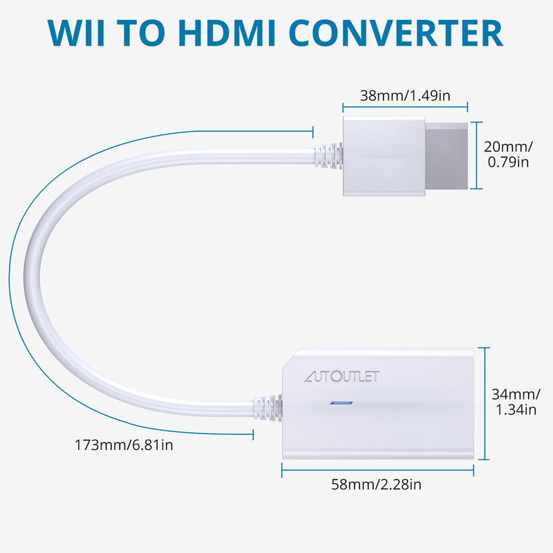 AUTOUTLET Wii to HDMI Converter 1080P for Full HD Device, Wii HDMI Adapter with 3,5mm Audio Jack&HDMI Output Compatible with Nintendo Wii, Wii U, HDTV, Monitor-Supports All Wii Display Modes 720P White