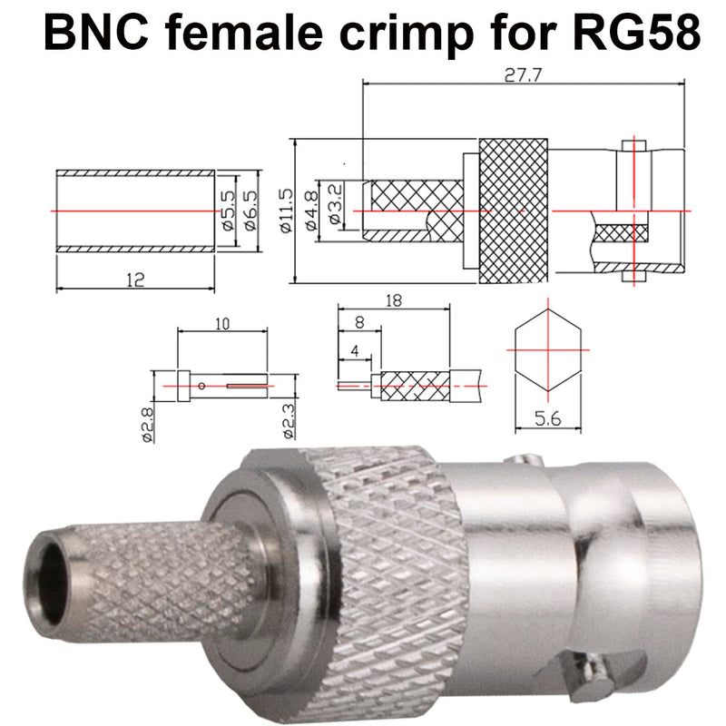 BNC Female Crimp Connector 50 Ohm BNC Connector Female for RG58 LMR195 RG142 RG223 Cable Pack 5