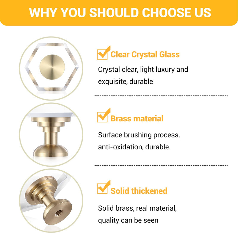Guank 12-Pack Brass Base Crystal Drawer Knobs, Glass Crystal Gold Cabinet Knobs, 1-5/16-Inch Hexagon, Kitchen Hardware Pulls, Modern Bathroom Hardware Knob 12 Pack hexagonal-1.2inch