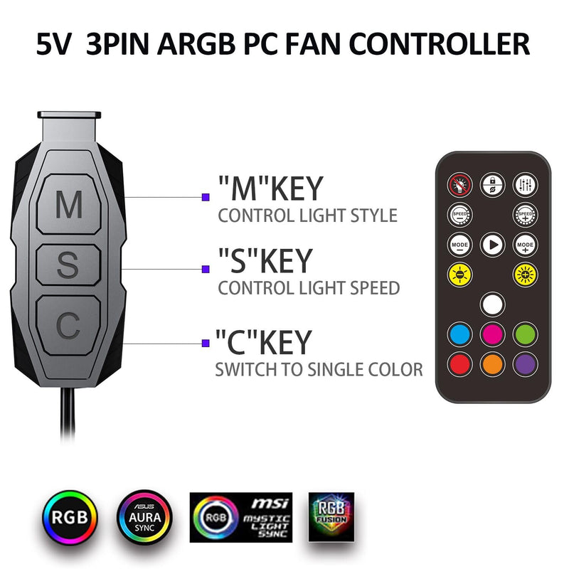 ARGB Controller Kit 5V 3PIN Aura PC RGB Controller, SATA Power Supply RGB Fan Controller, Computer ARGB Controller PC Fans Hub , with 17 Key Remote Controller ARGB Fan hub Controller