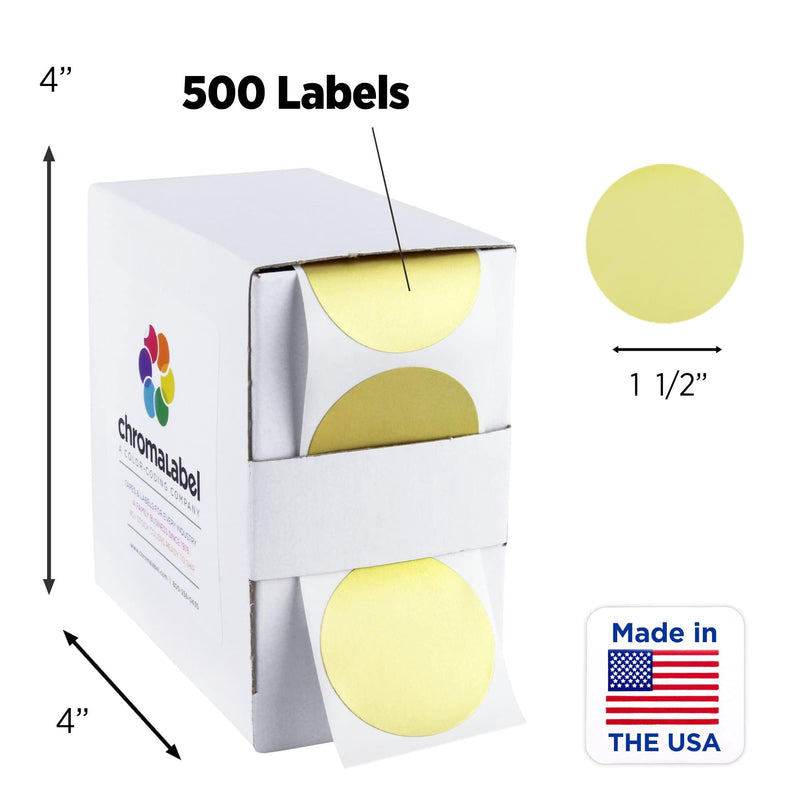ChromaLabel 1.50 Inch Round Label Permanent Color Code Dot Stickers, 500 Labels per Dispenser Box, Gold 1.5" Diameter