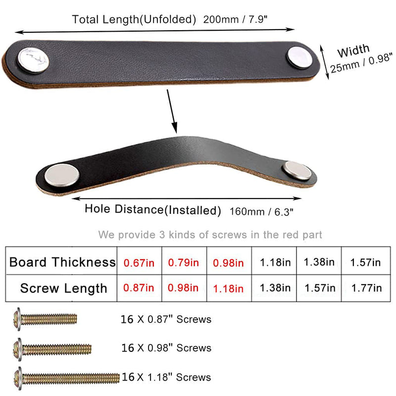 8 Pack 200mm Lengthened Soft Genuine Leather Drawer Pulls Handle,Wardrobe Cabinets Kitchen Closet Knobs Door Pulls Handles knobs with Screws,Home Decoration, Handmade (8 Pack, 7.9" - Black) 8 Pack