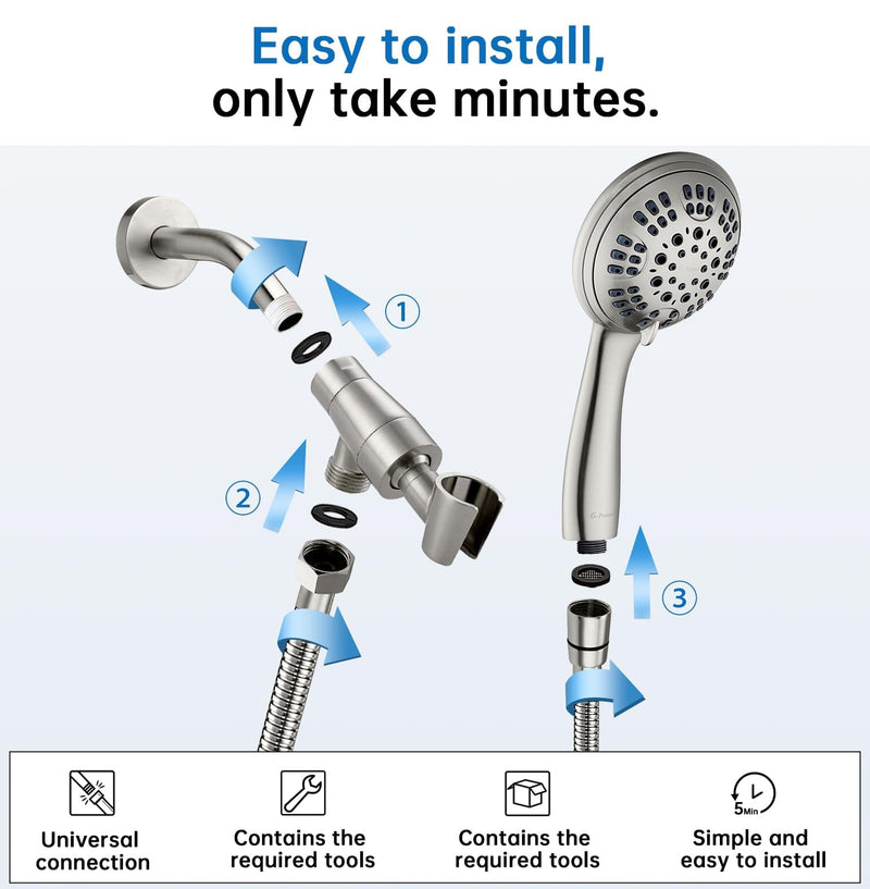G-Promise High Pressure Shower Head 6 Spray Setting with Adjustable Solid Brass Shower Arm Mount and Extra Long Flexible Stainless Steel Hose (Brushed Nickel) Brushed Nickel