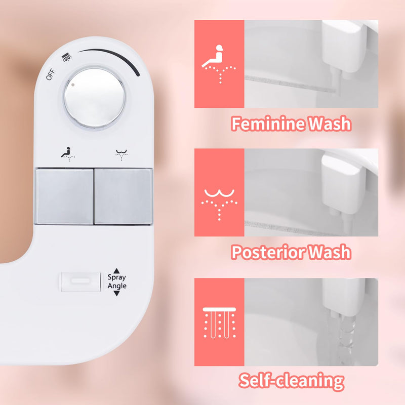 GLIGAM Bidet Attachment for Toilet,Dual Nozzle Bidet Toilet Seat,Non-Electric Ultra-Thin Bidets for Frontal & Rear Wash, Adjustable Water Pressure,Fresh Water Bidet, Easy Installation,White White and Silvery
