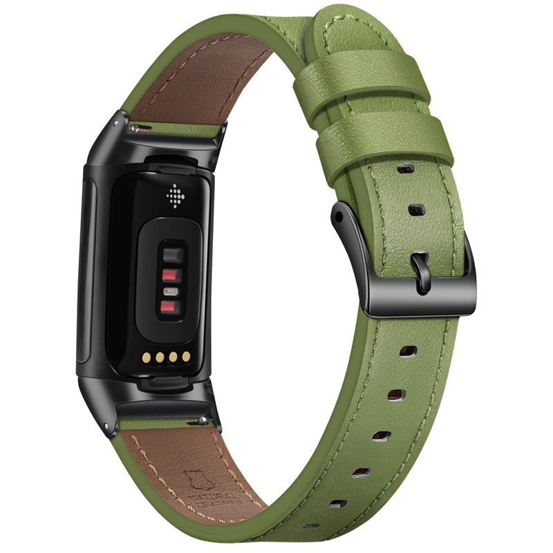 Fintie Bands Compatible with Fitbit Charge 6/5, Genuine Leather Band Replacement Accessories Strap Wristband Green