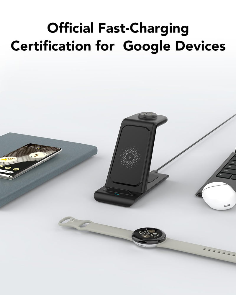 Upgraded 3 in 1 Wireless Charger Compatible with Google Pixel Watch 3/2, Pixel 9 Pro XL/9/Fold/8/7/7A/6 Pro, Pixel Buds Pro/2, Wireless Charging Station for Multiple Devices (Not for Pixel Watch 1)
