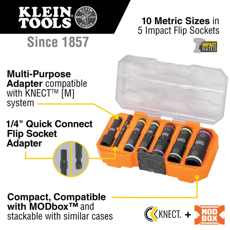 Klein Tools 65619 KNECT Flip-10 Metric Impact Socket Set, Deep Depth, 5 Color-Coded Flip Sockets, 10 Metric Sizes, 1/4 and 3/8-Inch Adapters, MODbox Case